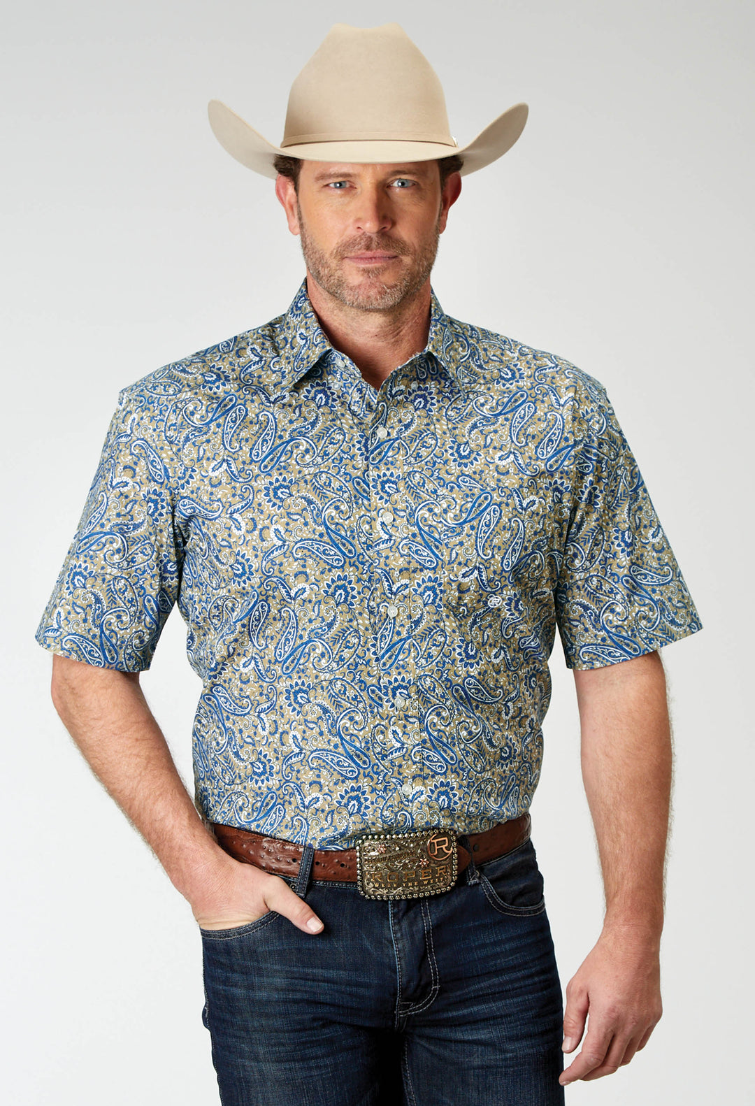 Roper Mens Short Sleeve Button Delft Paisley Western Shirt 2XL