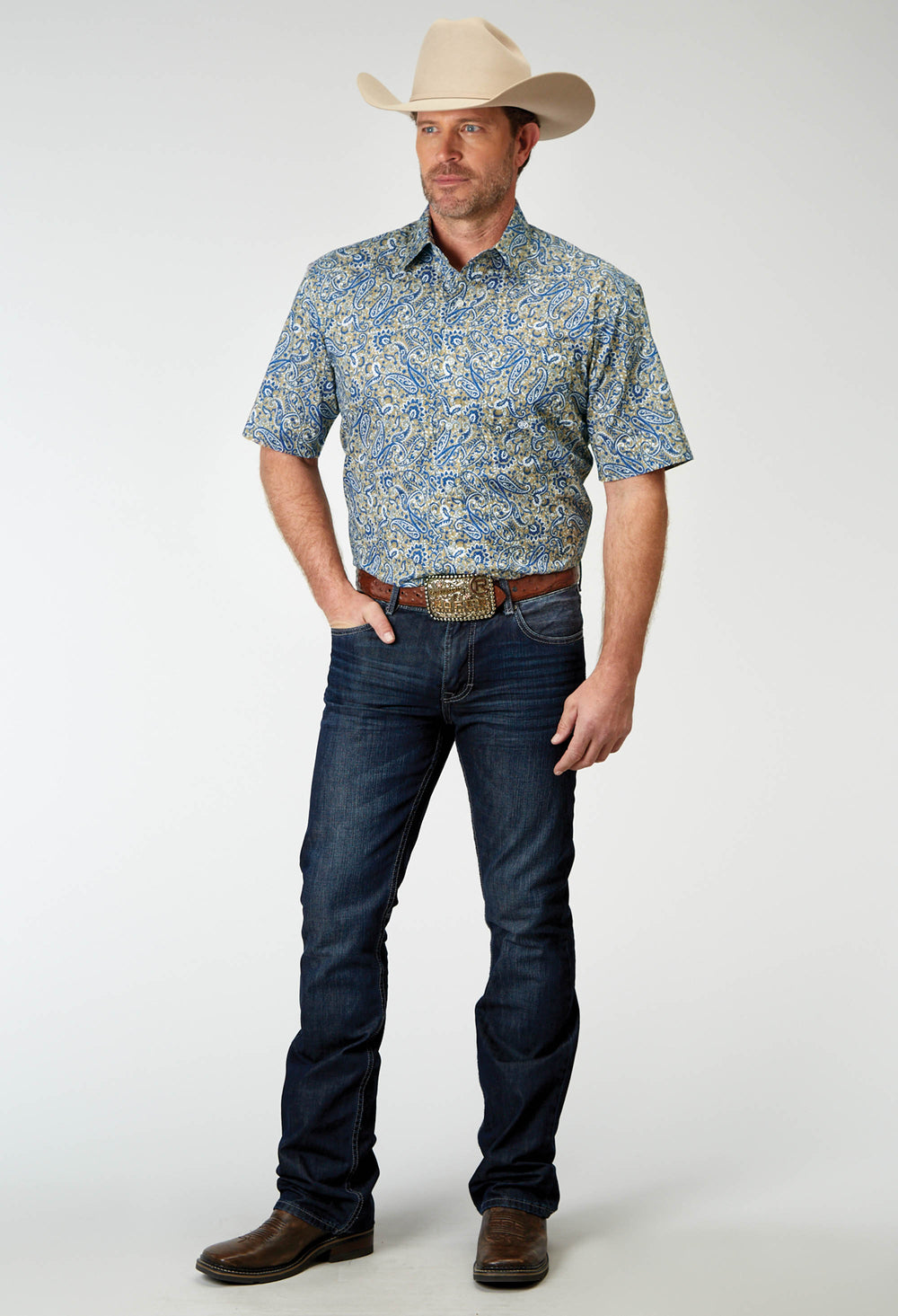 MENS SHORT SLEEVE BUTTON DELFT PAISLEY WESTERN SHIRT