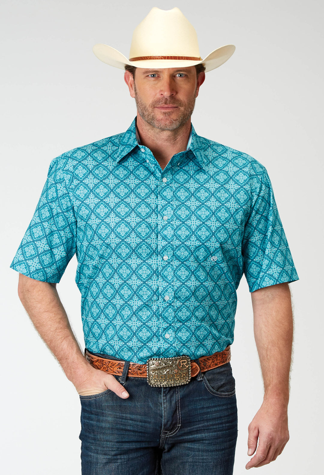 MENS SHORT SLEEVE BUTTON LAKE MEDALLION WESTERN SHIRT