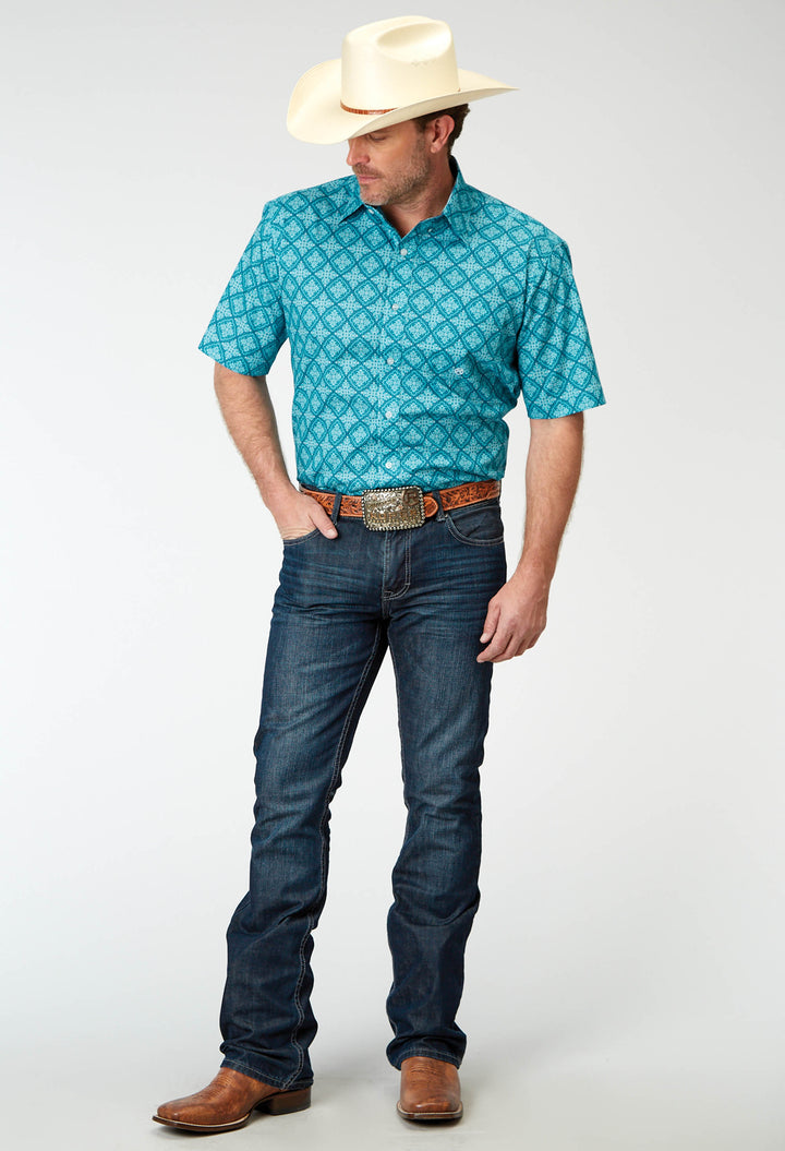MENS SHORT SLEEVE BUTTON LAKE MEDALLION WESTERN SHIRT
