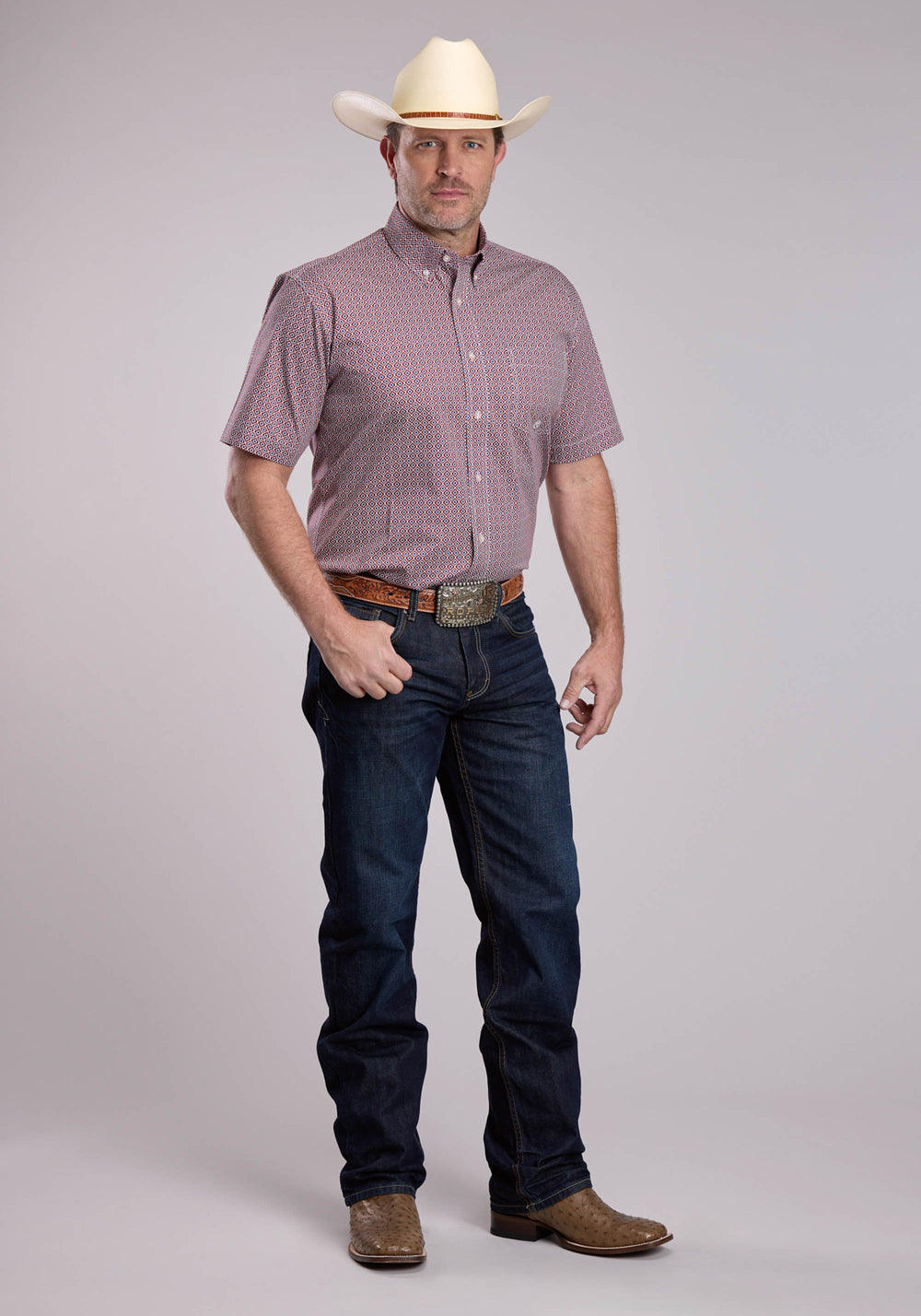 MENS ROPER RED TILE FOULARD SHORT SLEEVE BUTTON SHIRT