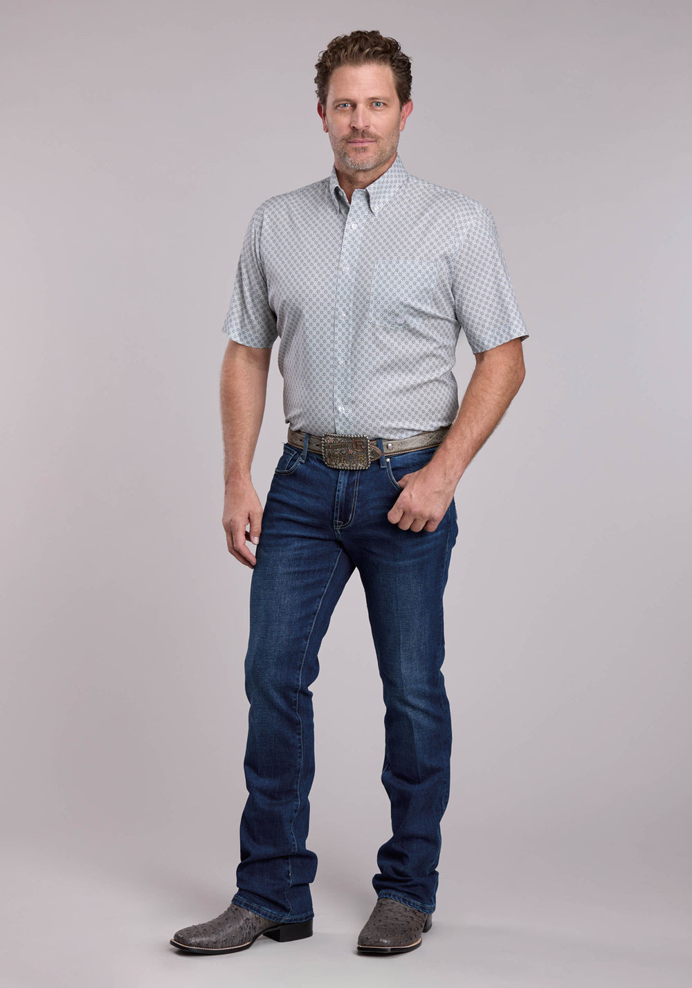 MENS ROPER GREY STRETCH FOUR POINT FOULARD SHORT SLEEVE BUTTON SHIRT
