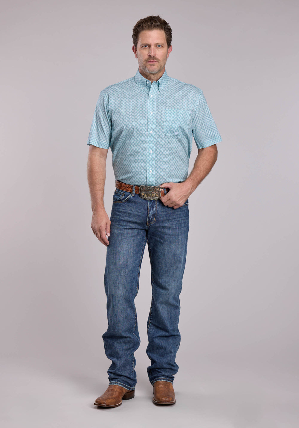 MENS ROPER STRETCH FOUR POINT FOULARD TEAL SHORT SLEEVE BUTTON SHIRT