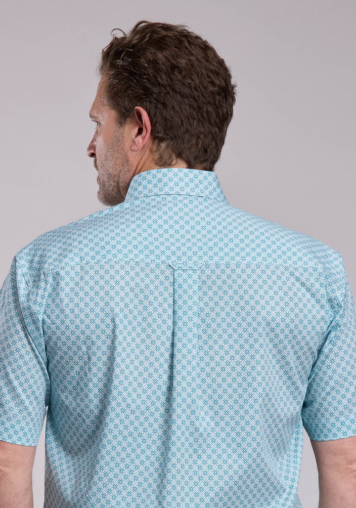 MENS ROPER STRETCH FOUR POINT FOULARD TEAL SHORT SLEEVE BUTTON SHIRT
