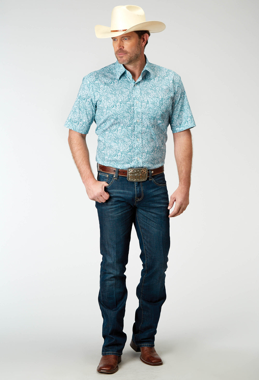 MENS SHORT SLEEVE BUTTON STRETCH POPLIN TEAL PAISLEY WESTERN SHIRT