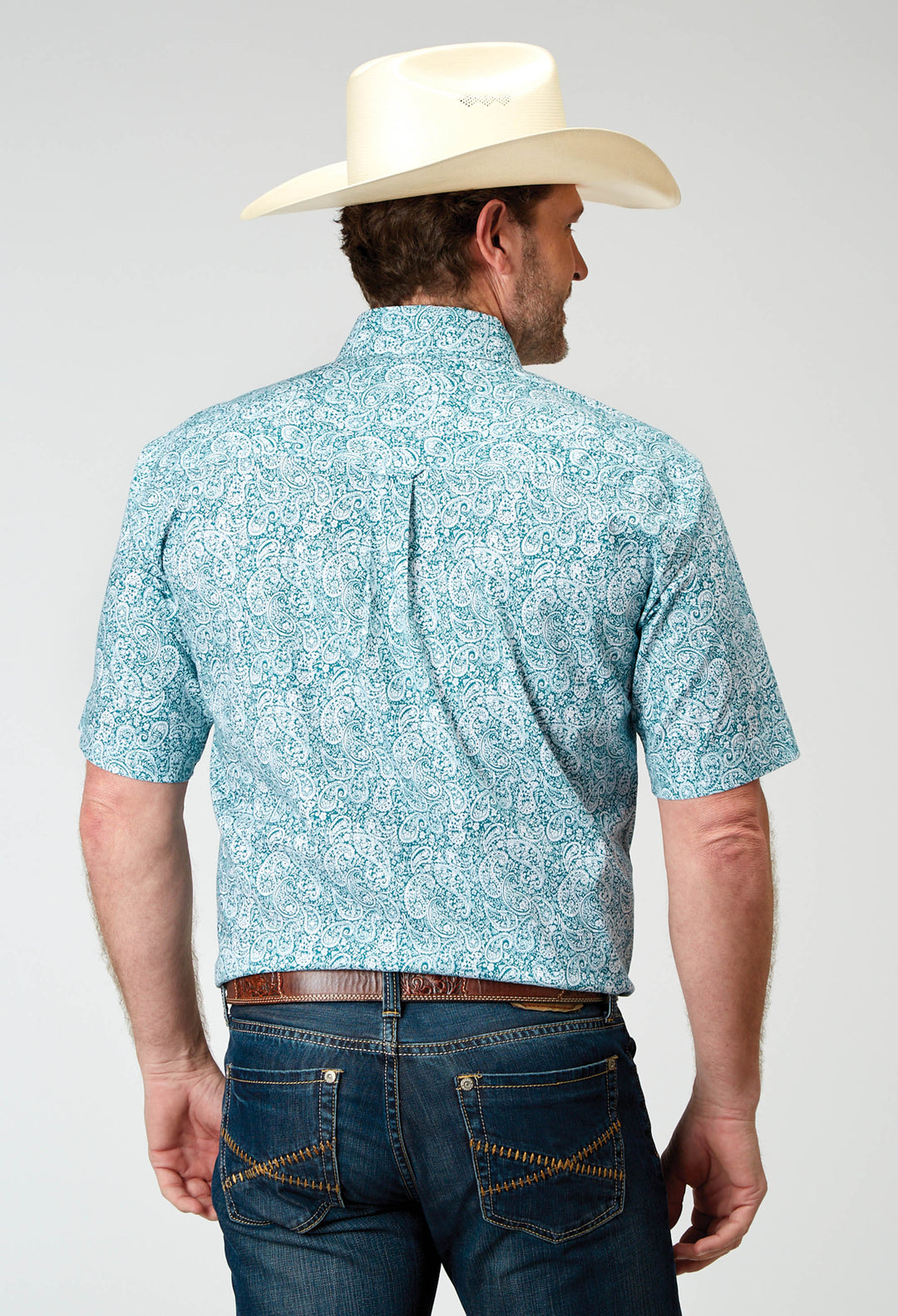 MENS SHORT SLEEVE BUTTON STRETCH POPLIN TEAL PAISLEY WESTERN SHIRT