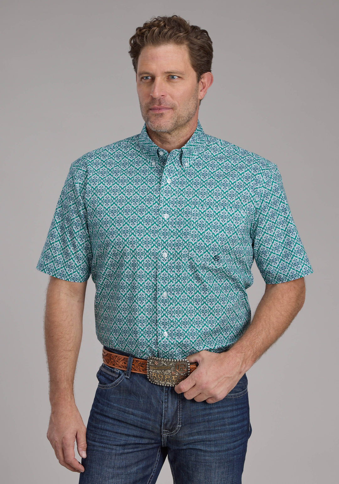 MENS JADE MEDALLION SHORT SLEEVE BUTTON WESTERN SHIRT