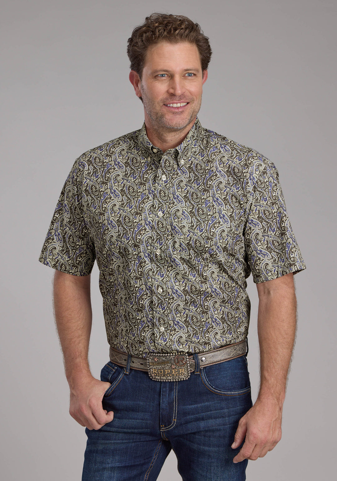 MENS STONE PAISLEY SHORT SLEEVE BUTTON WESTERN SHIRT
