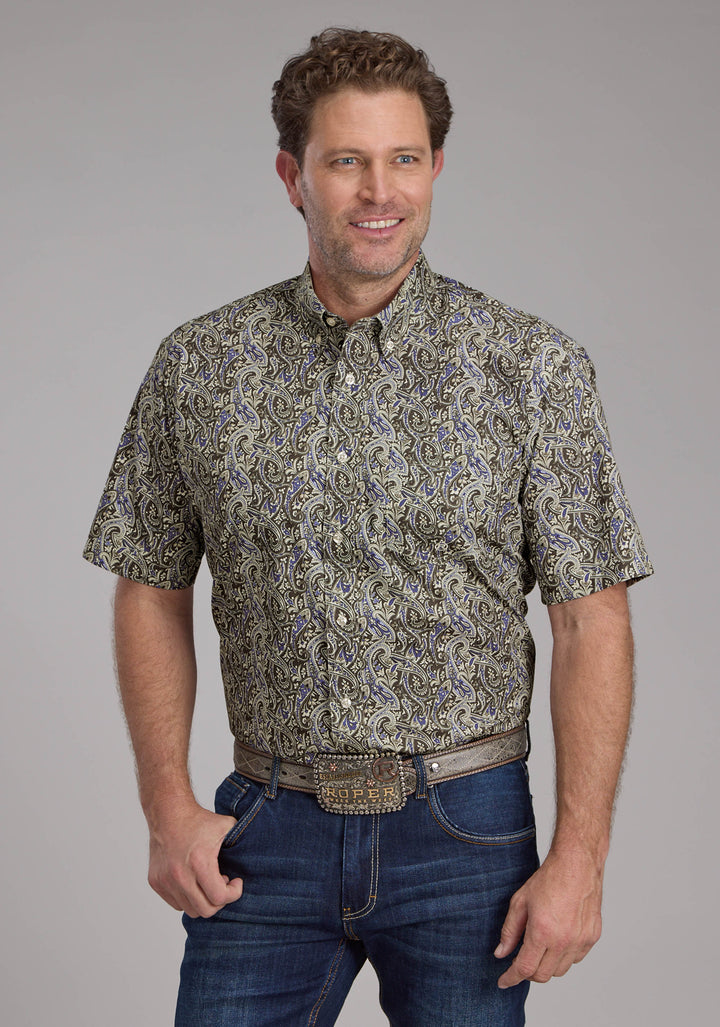 MENS STONE PAISLEY SHORT SLEEVE BUTTON WESTERN SHIRT