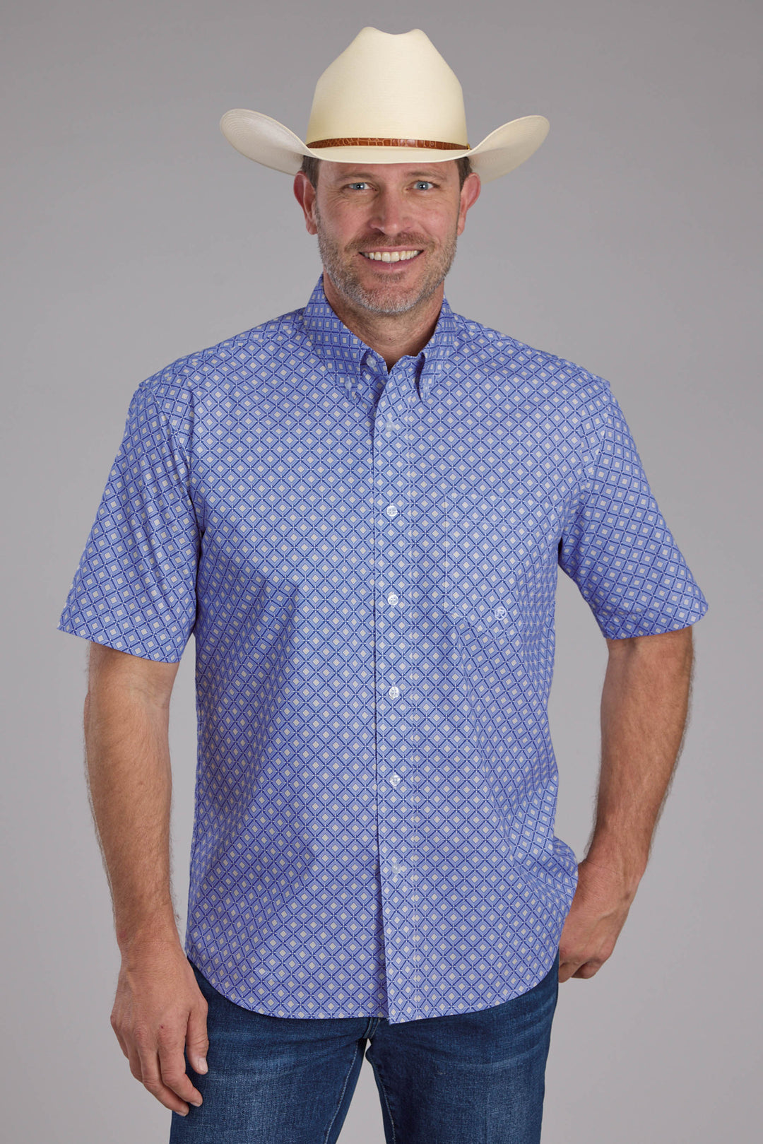 MENS PERIWINKLE FOULARD SHORT SLEEVE BUTTON WESTERN SHIRT