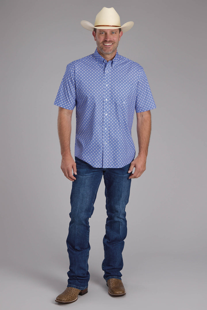 MENS PERIWINKLE FOULARD SHORT SLEEVE BUTTON WESTERN SHIRT
