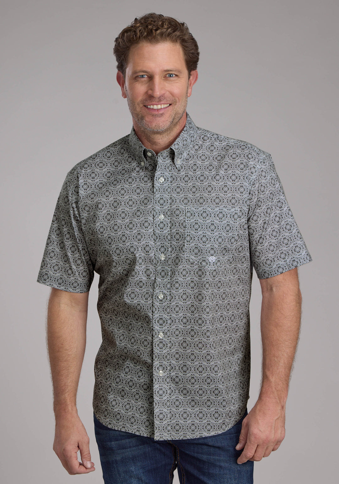 MENS STRETCH MEDALLION PAISLEY - GRAY SHORT SLEEVE BUTTON WESTERN SHIRT