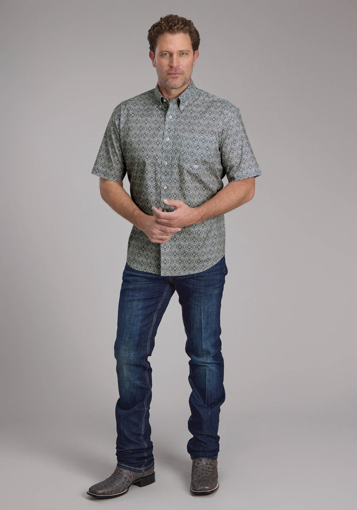 MENS STRETCH MEDALLION PAISLEY - GRAY SHORT SLEEVE BUTTON WESTERN SHIRT