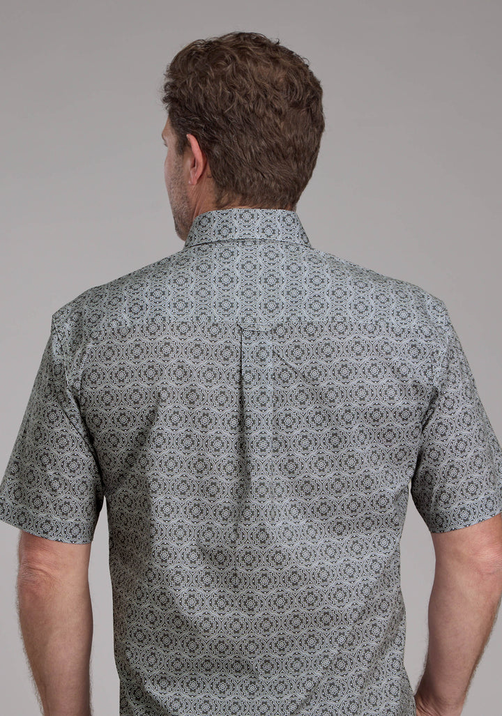 MENS STRETCH MEDALLION PAISLEY - GRAY SHORT SLEEVE BUTTON WESTERN SHIRT