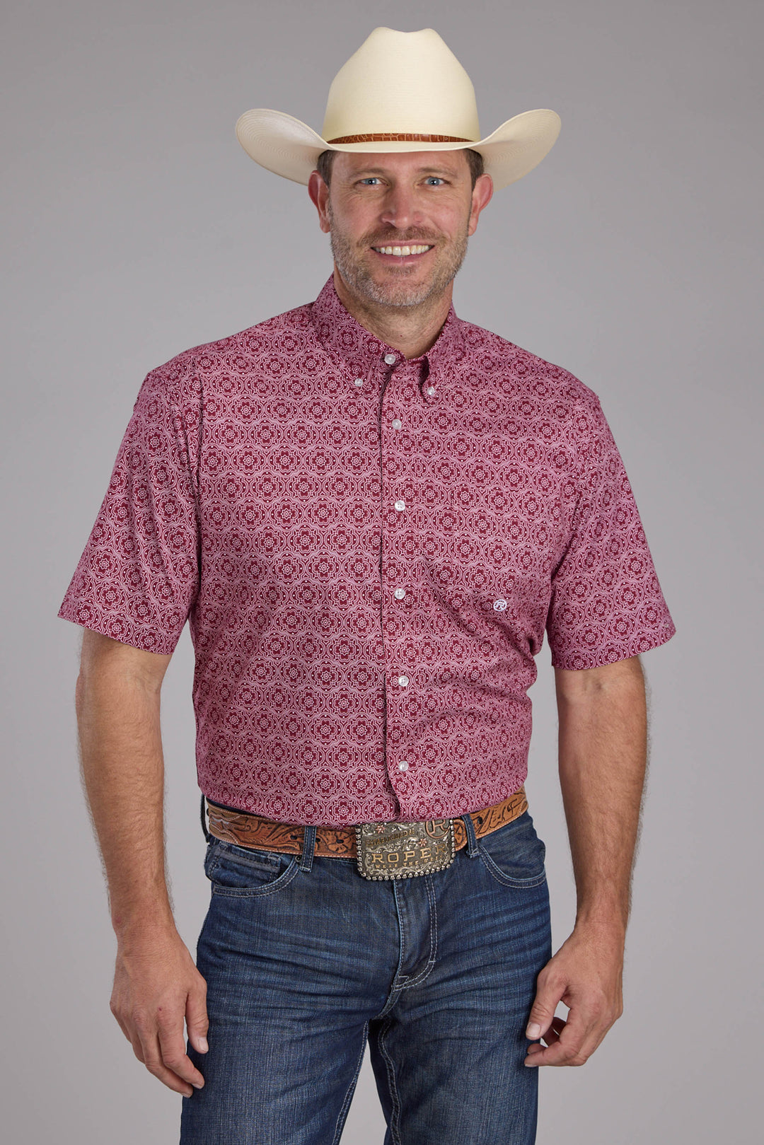MENS STRETCH MEDALLION PAISLEY - RED SHORT SLEEVE BUTTON WESTERN SHIRT