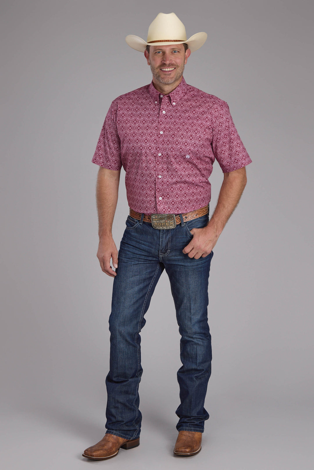 MENS STRETCH MEDALLION PAISLEY - RED SHORT SLEEVE BUTTON WESTERN SHIRT