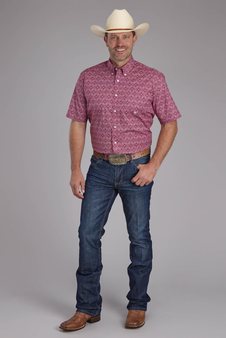 MENS STRETCH MEDALLION PAISLEY - RED SHORT SLEEVE BUTTON WESTERN SHIRT