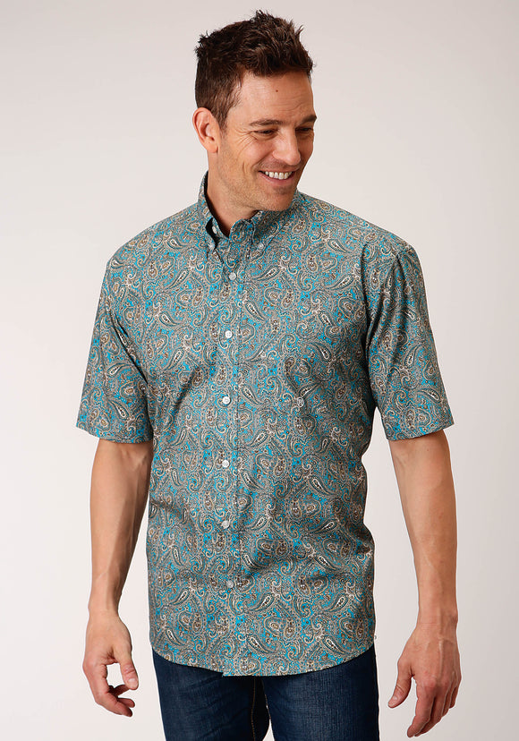 MENS SHORT SLEEVE BUTTON SADDLE PAISLEY WESTERN SHIRT