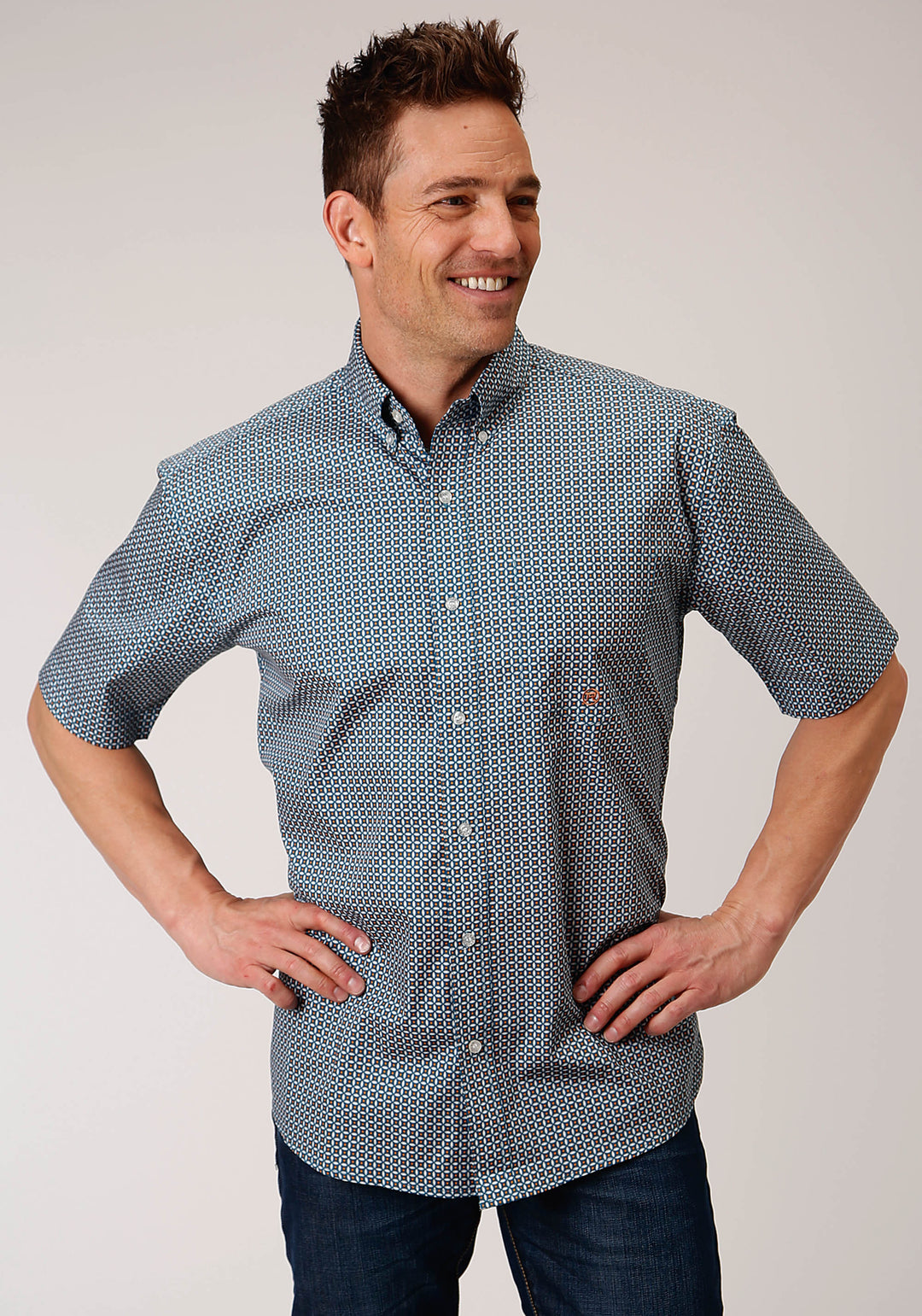 MENS SHORT SLEEVE BUTTON BLUE GEO WESTERN SHIRT