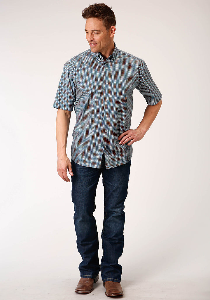 MENS SHORT SLEEVE BUTTON BLUE GEO WESTERN SHIRT
