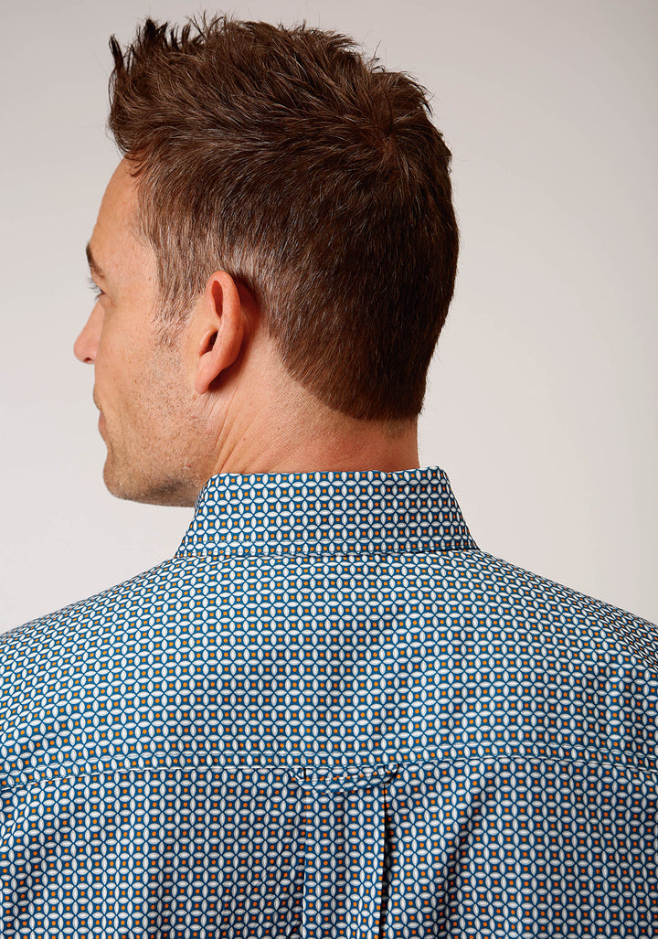 MENS SHORT SLEEVE BUTTON BLUE GEO WESTERN SHIRT