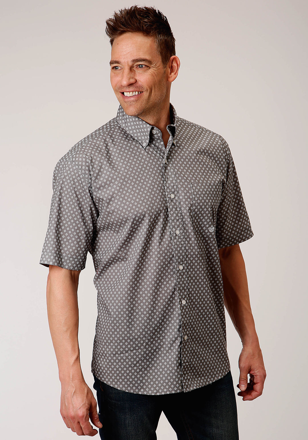 MENS SHORT SLEEVE BUTTON STRETCH POPLIN DIAMOND  GREY WESTERN SHIRT