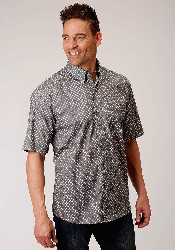 MENS SHORT SLEEVE BUTTON STRETCH POPLIN DIAMOND  GREY WESTERN SHIRT