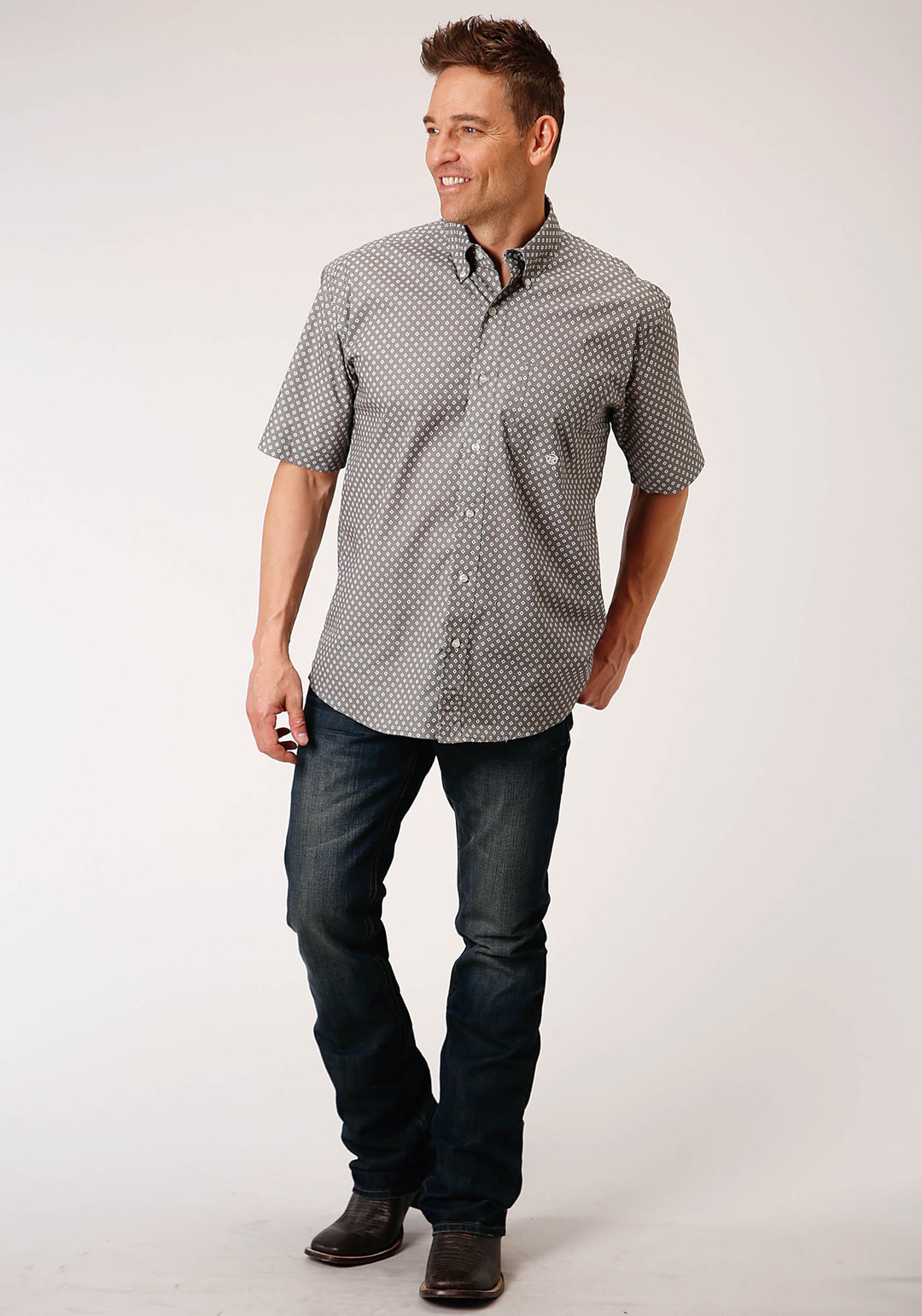 MENS SHORT SLEEVE BUTTON STRETCH POPLIN DIAMOND  GREY WESTERN SHIRT