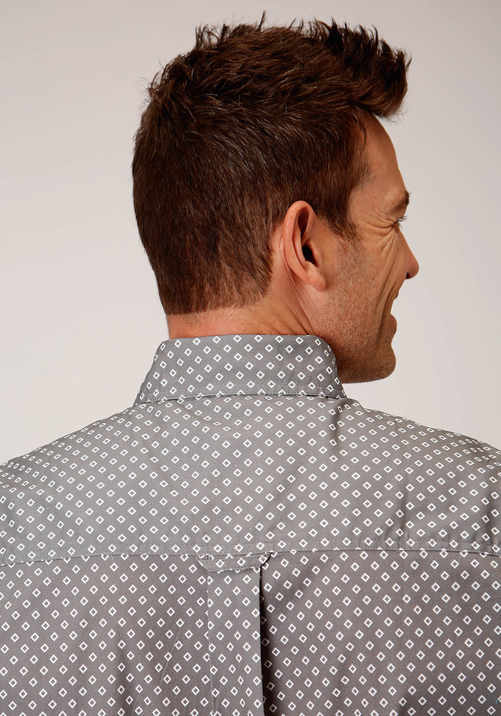 MENS SHORT SLEEVE BUTTON STRETCH POPLIN DIAMOND  GREY WESTERN SHIRT