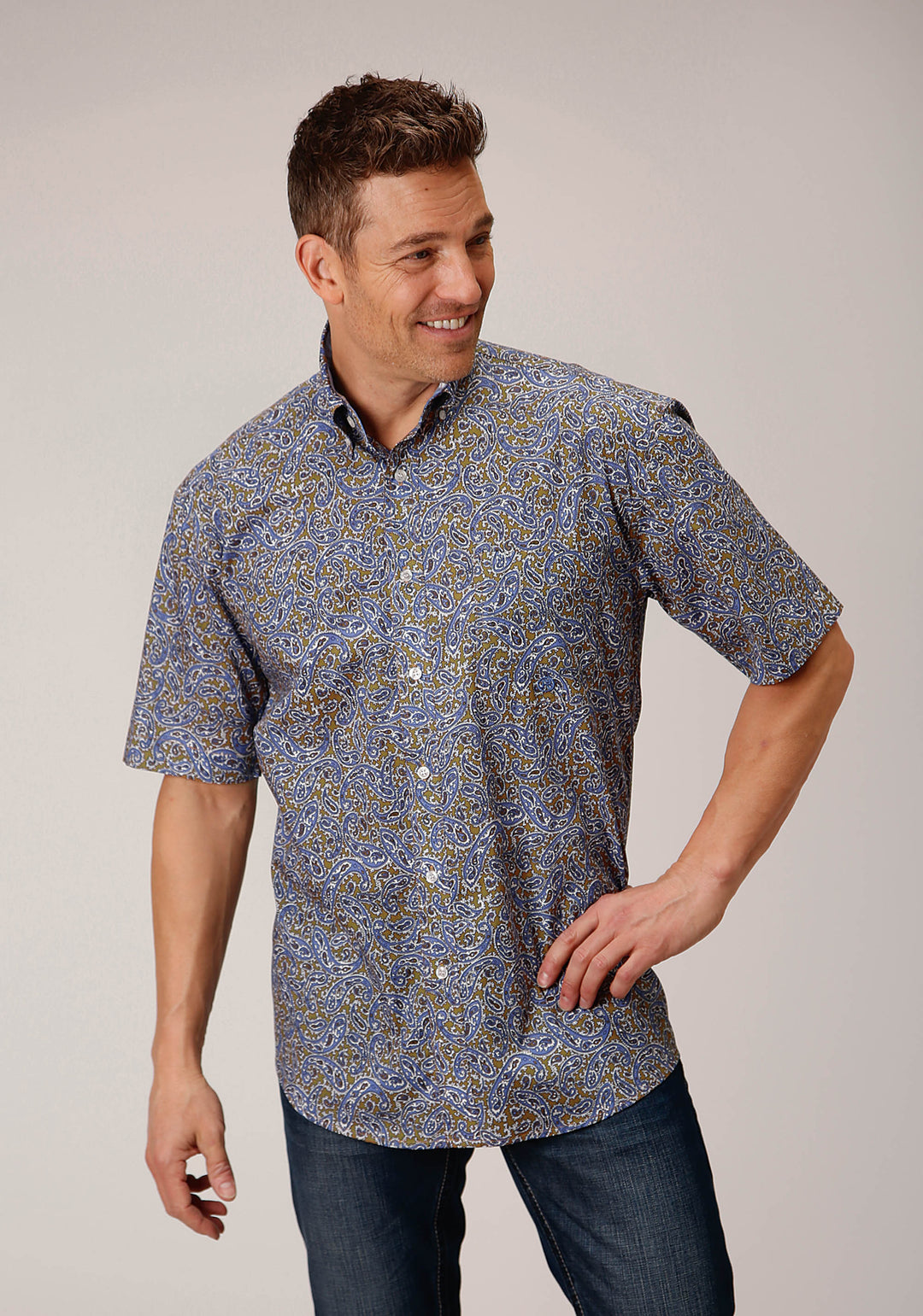 MENS SHORT SLEEVE BUTTON VALLEY PAISLEY WESTERN SHIRT