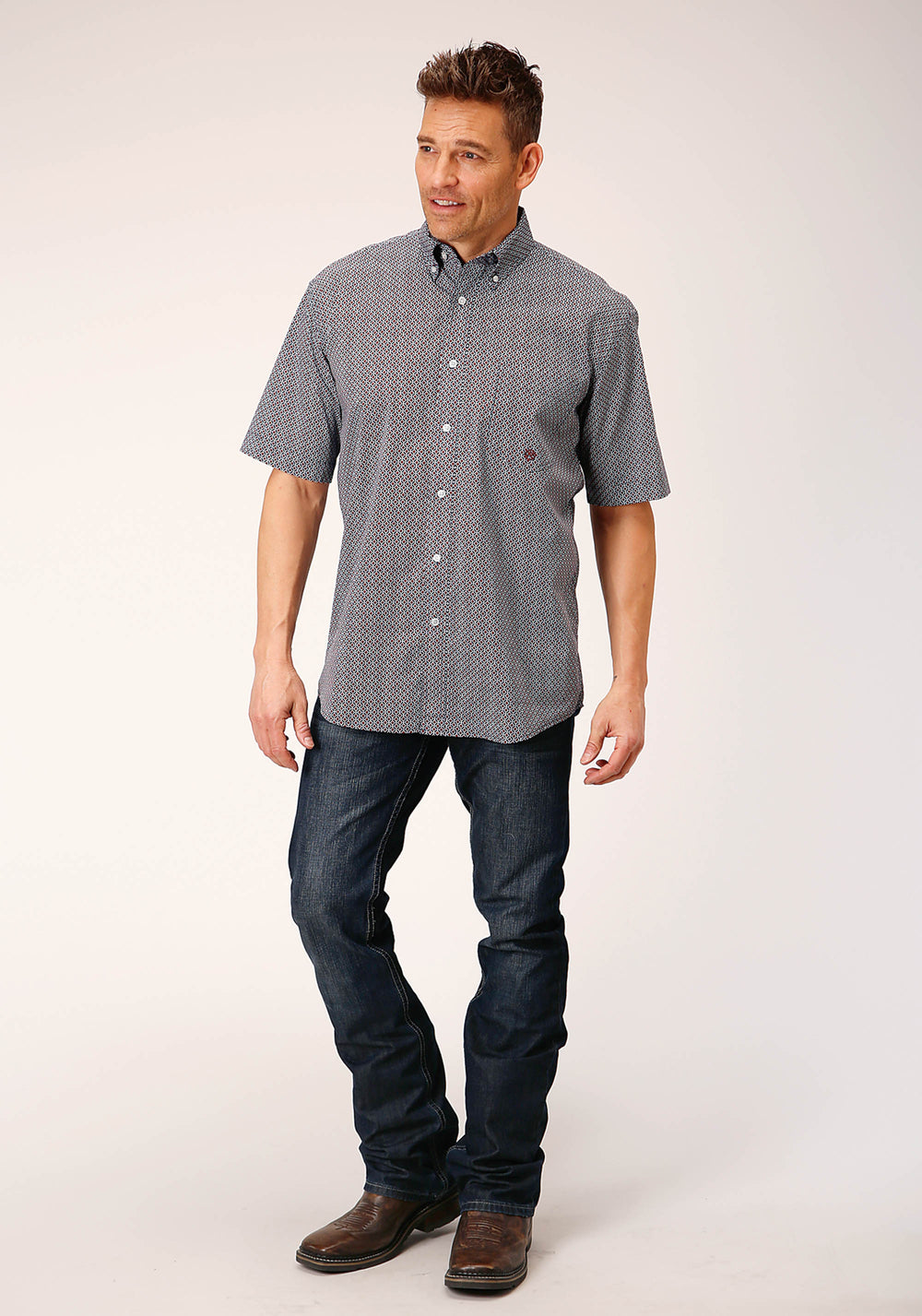 MENS SHORT SLEEVE BUTTON CLASSIC GEO WESTERN SHIRT