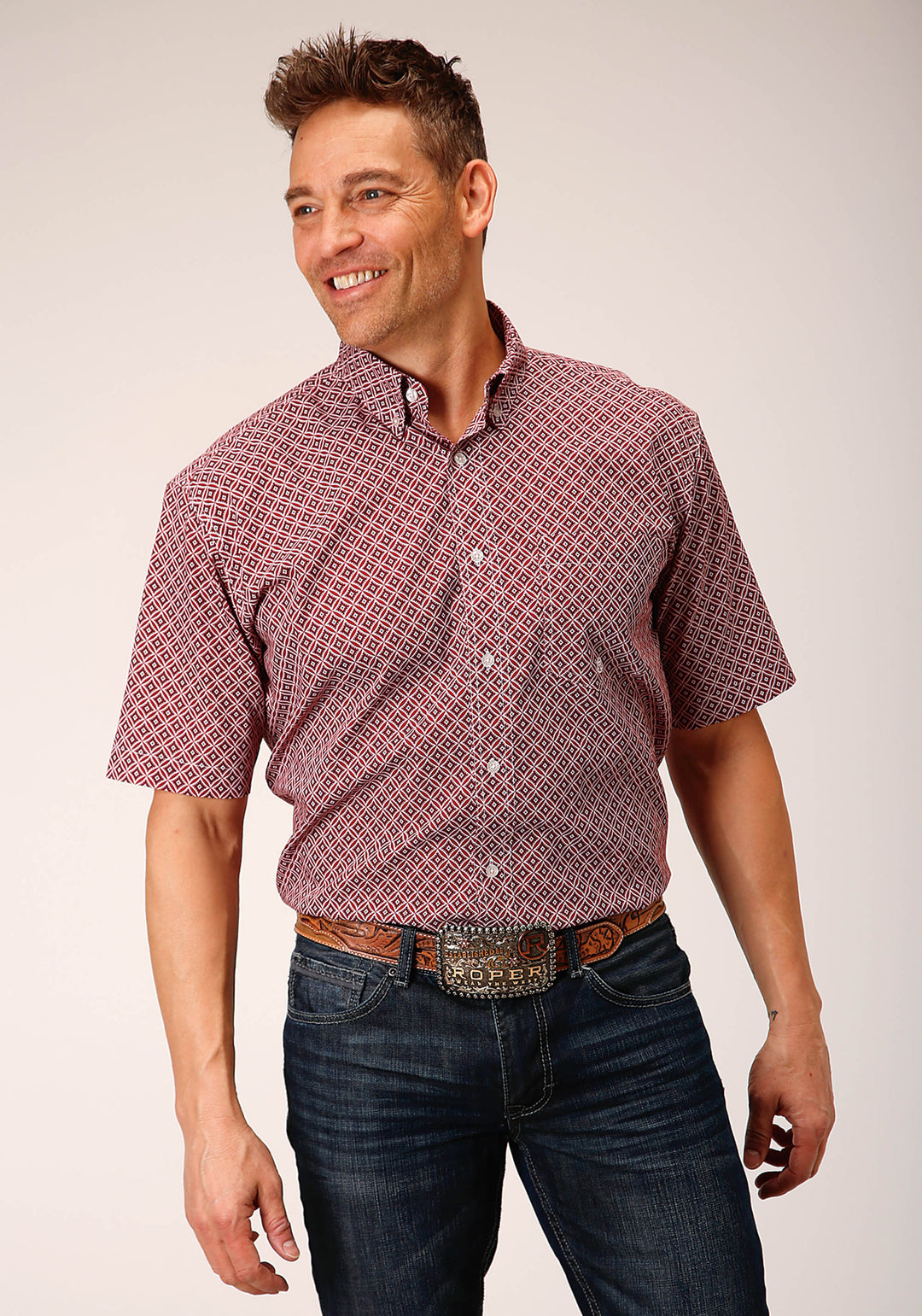 MENS SHORT SLEEVE BUTTON RED DIAMOND FOULARD WESTERN SHIRT