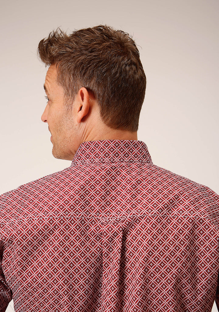 MENS SHORT SLEEVE BUTTON RED DIAMOND FOULARD WESTERN SHIRT