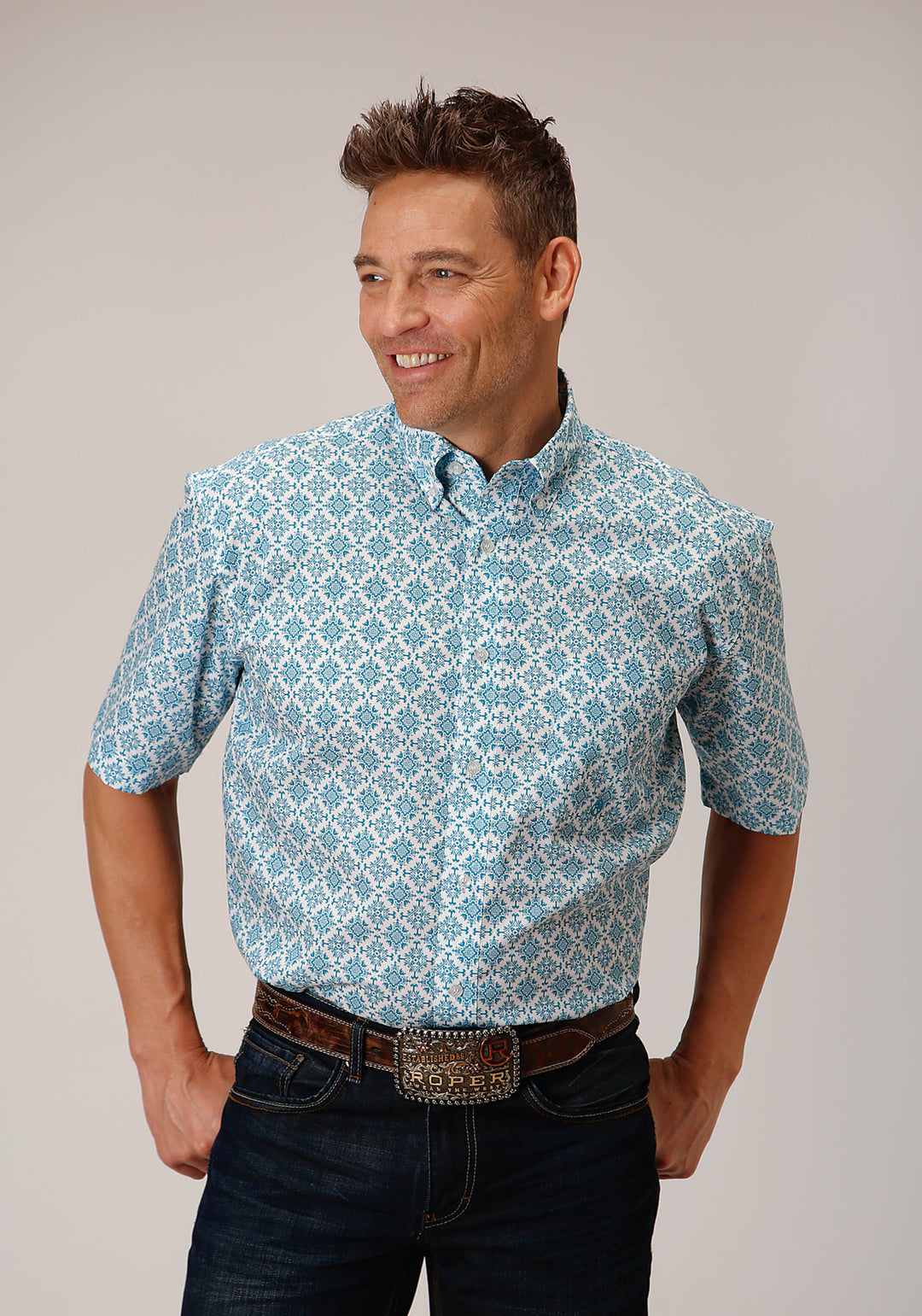 MENS SHORT SLEEVE BUTTON TURQUOISE MEDALLION WESTERN SHIRT