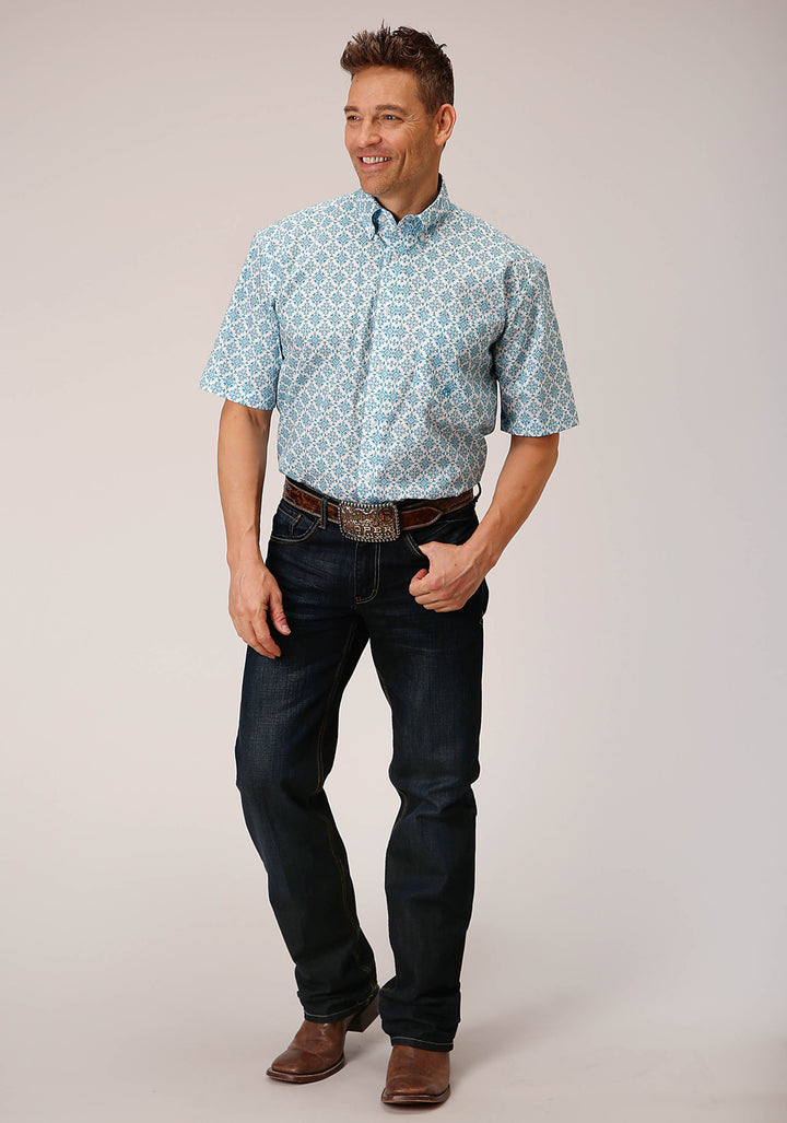 MENS SHORT SLEEVE BUTTON TURQUOISE MEDALLION WESTERN SHIRT