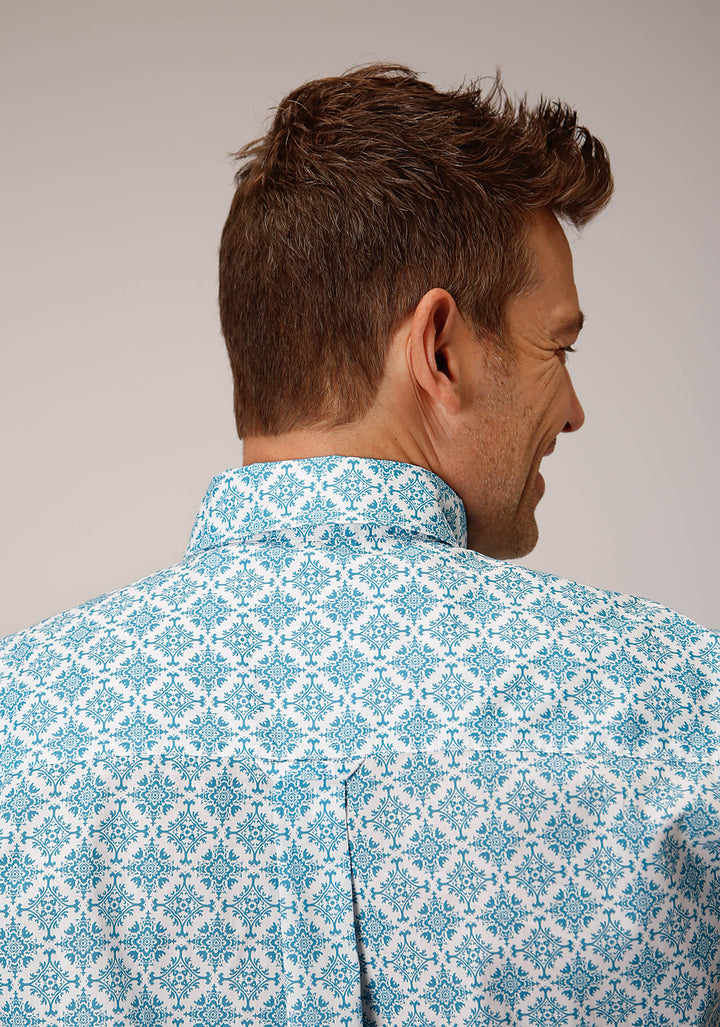 MENS SHORT SLEEVE BUTTON TURQUOISE MEDALLION WESTERN SHIRT