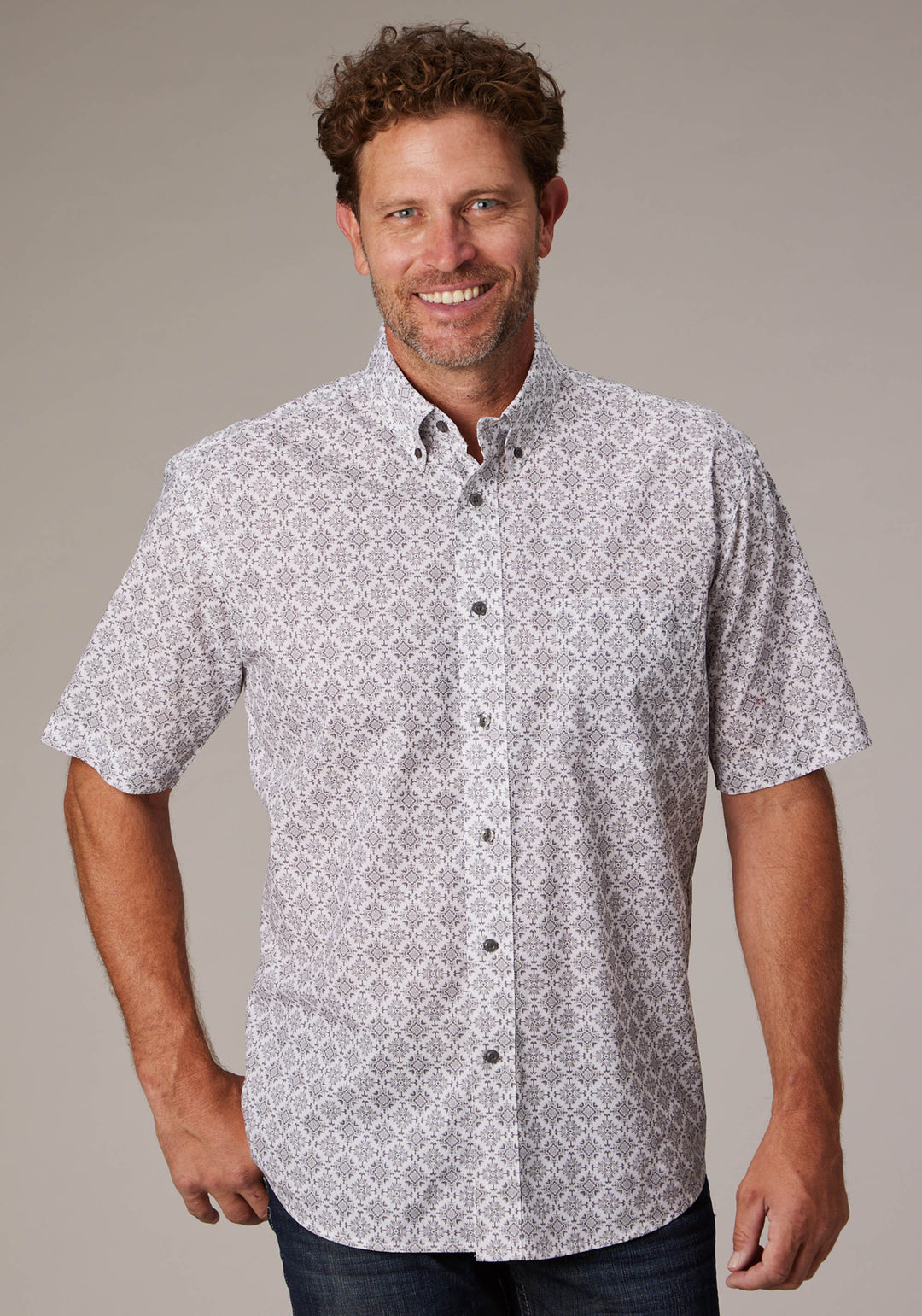 MENS SILVER MEDALLION SHORT SLEEVE BUTTON WESTERN SHIRT