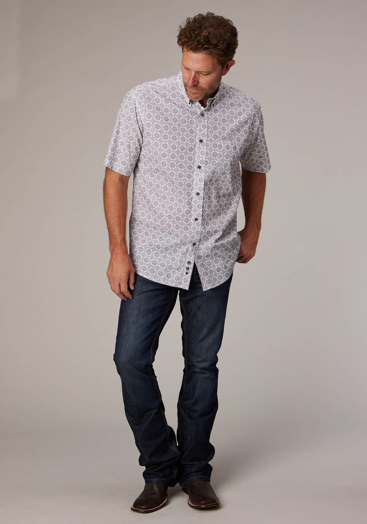 MENS SILVER MEDALLION SHORT SLEEVE BUTTON WESTERN SHIRT