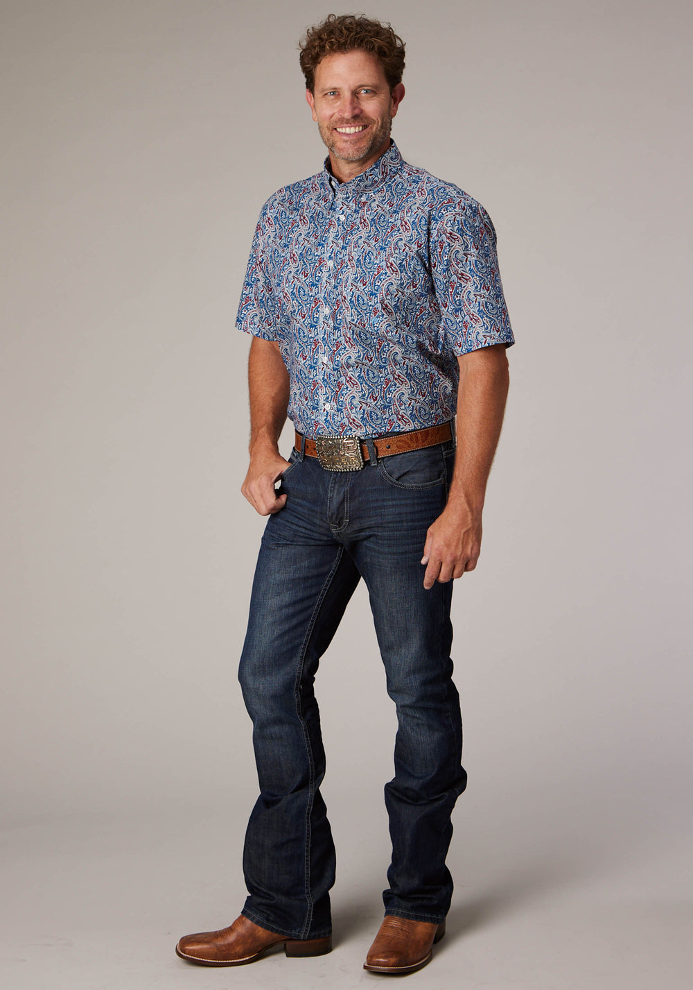 MENS BLUE RIVER PAISLEY SHORT SLEEVE BUTTON WESTERN SHIRT