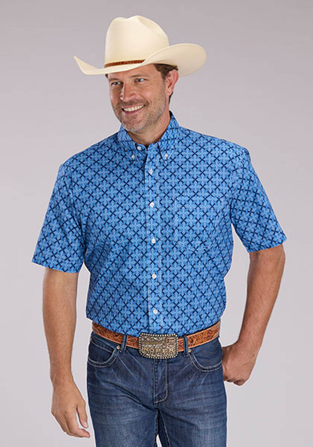 MENS BLUE RIBBON MEDALLION SHORT SLEEVE BUTTON WESTERN SHIRT