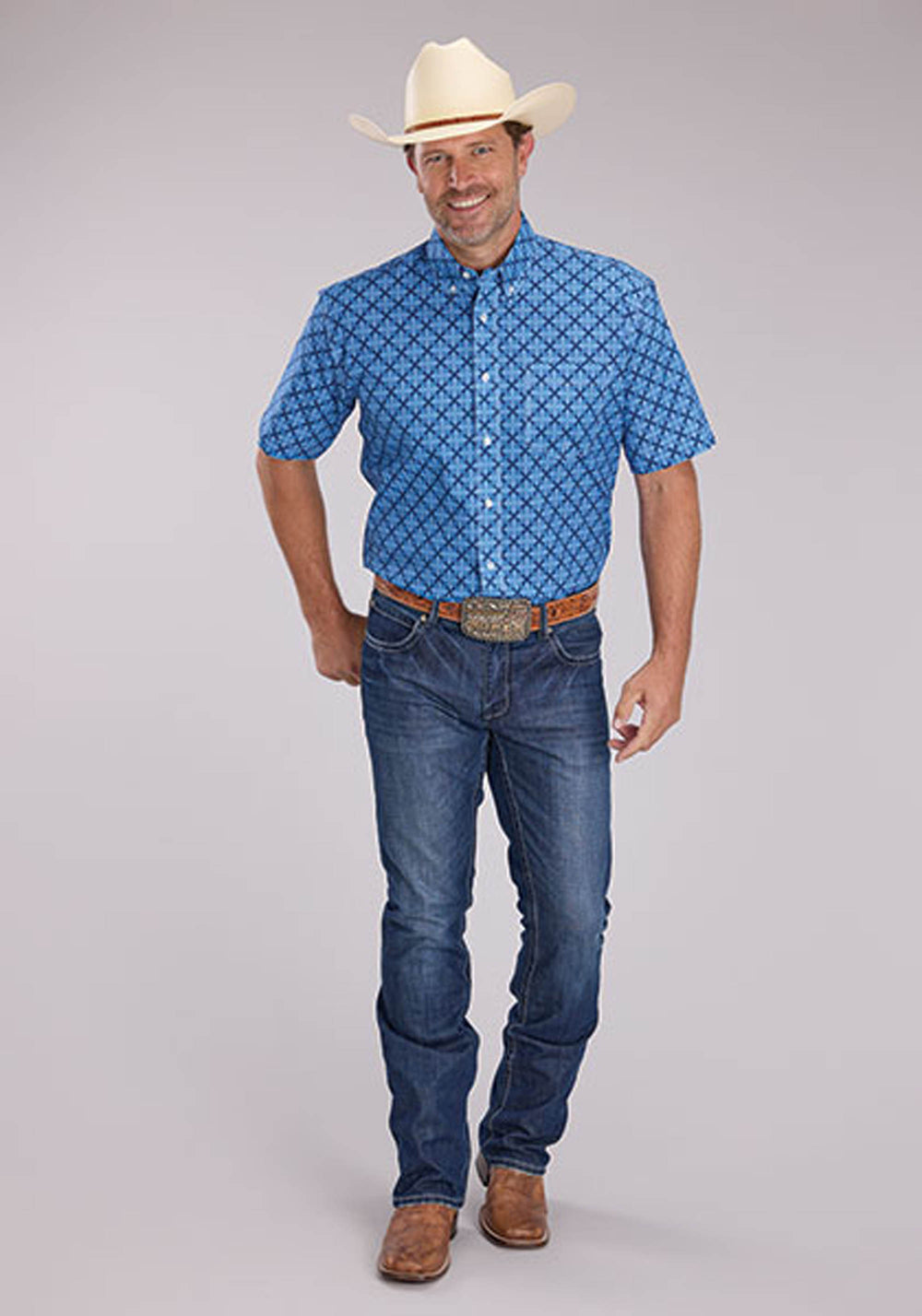 MENS BLUE RIBBON MEDALLION SHORT SLEEVE BUTTON WESTERN SHIRT