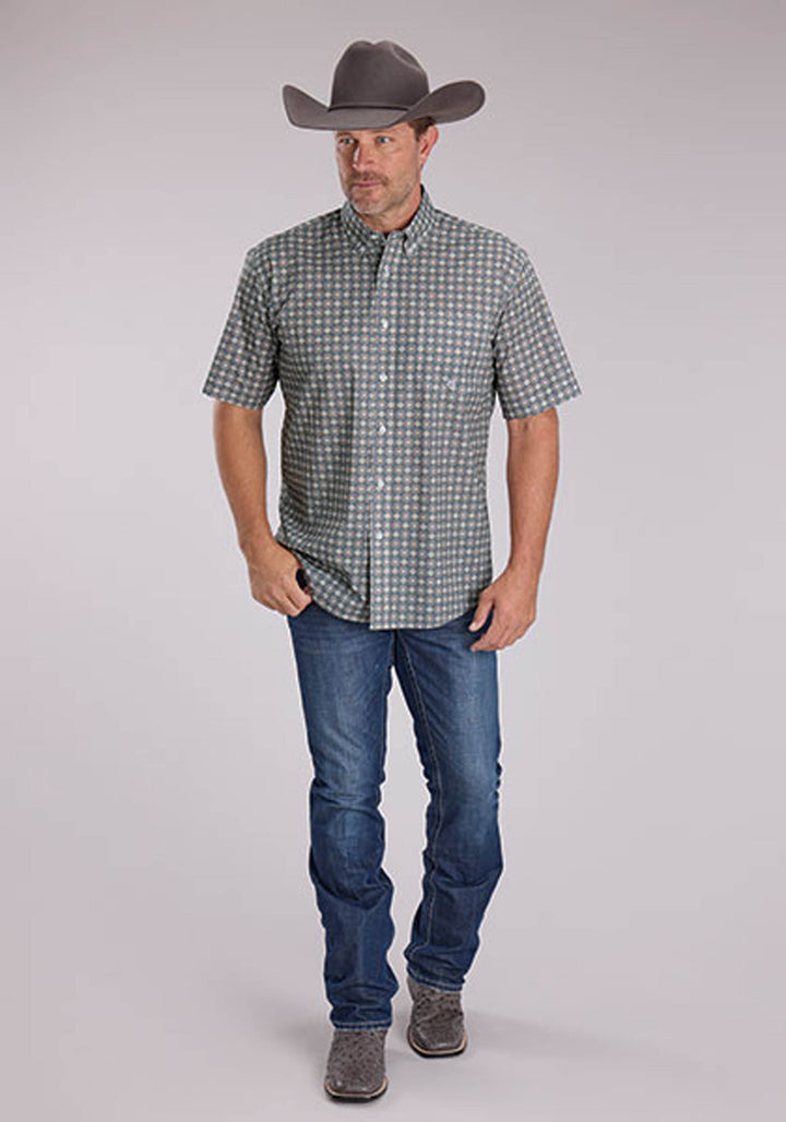 MENS SHORT SLEEVE BUTTON MEDALLION FOULARD WESTERN SHIRT