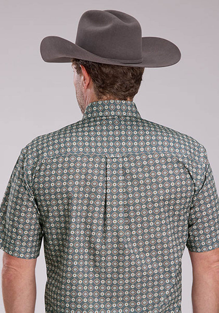 MENS SHORT SLEEVE BUTTON MEDALLION FOULARD WESTERN SHIRT