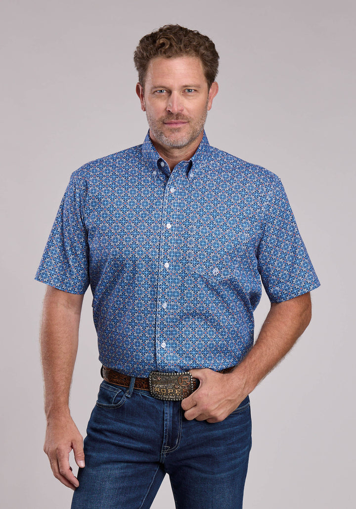 MENS ROPER SKY TILE FOULARD SHORT SLEEVE BUTTON SHIRT