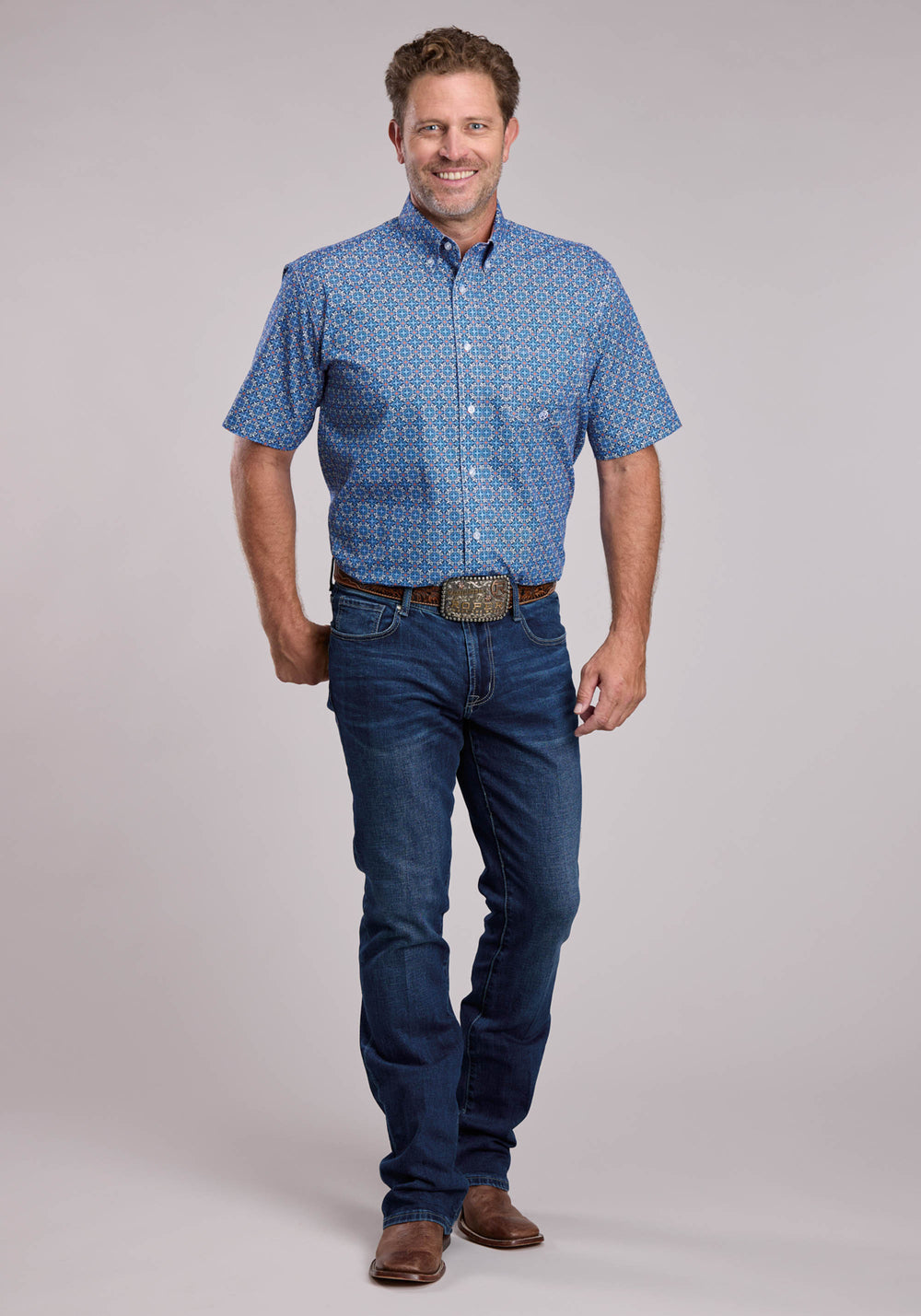 MENS ROPER SKY TILE FOULARD SHORT SLEEVE BUTTON SHIRT