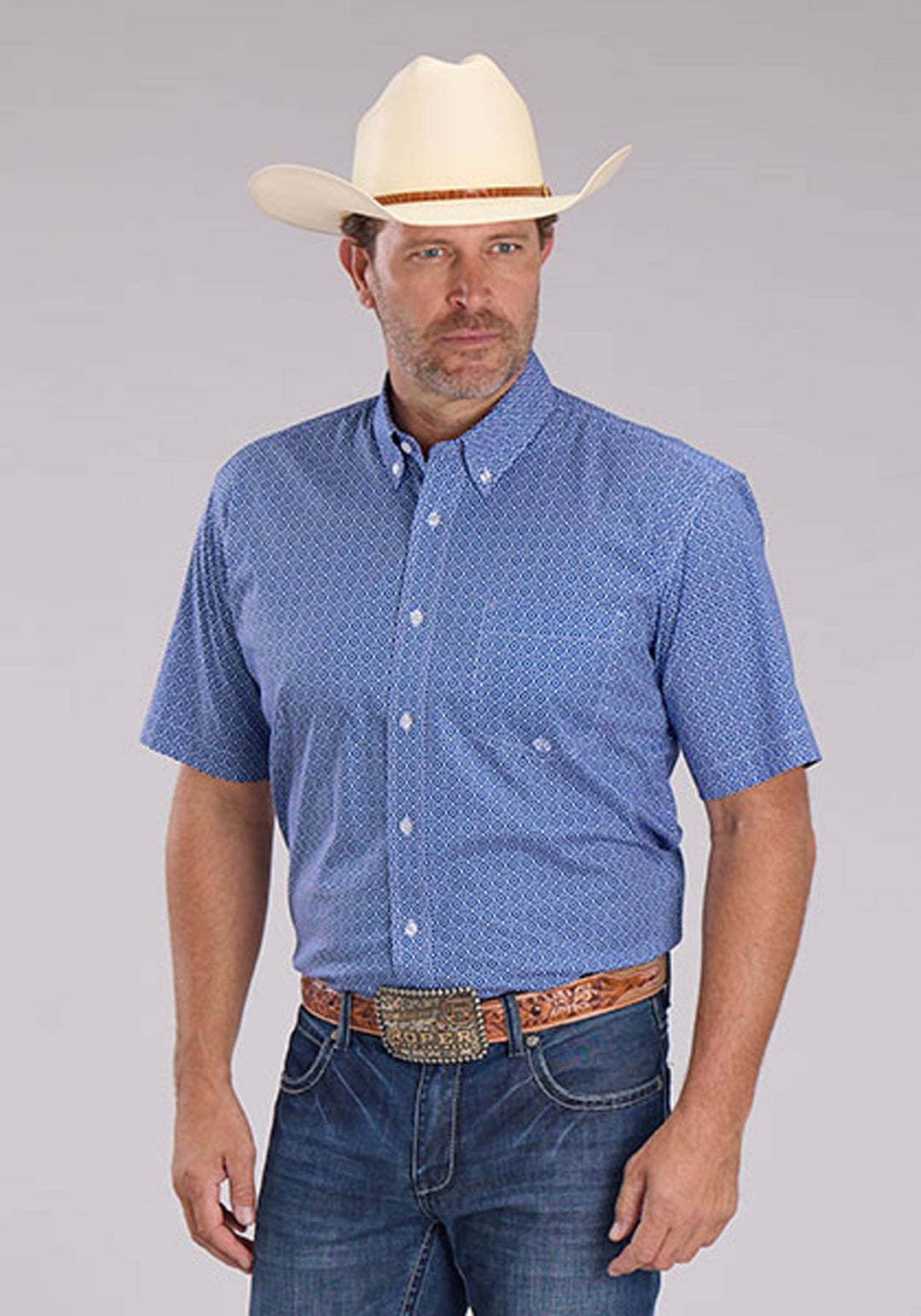 MENS STRETCH FOULARD PRINT - BLUE SHORT SLEEVE BUTTON WESTERN SHIRT