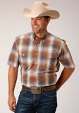 MENS SHORT SLEEVE BUTTON COPPER OMBRE PLAID WESTERN SHIRT