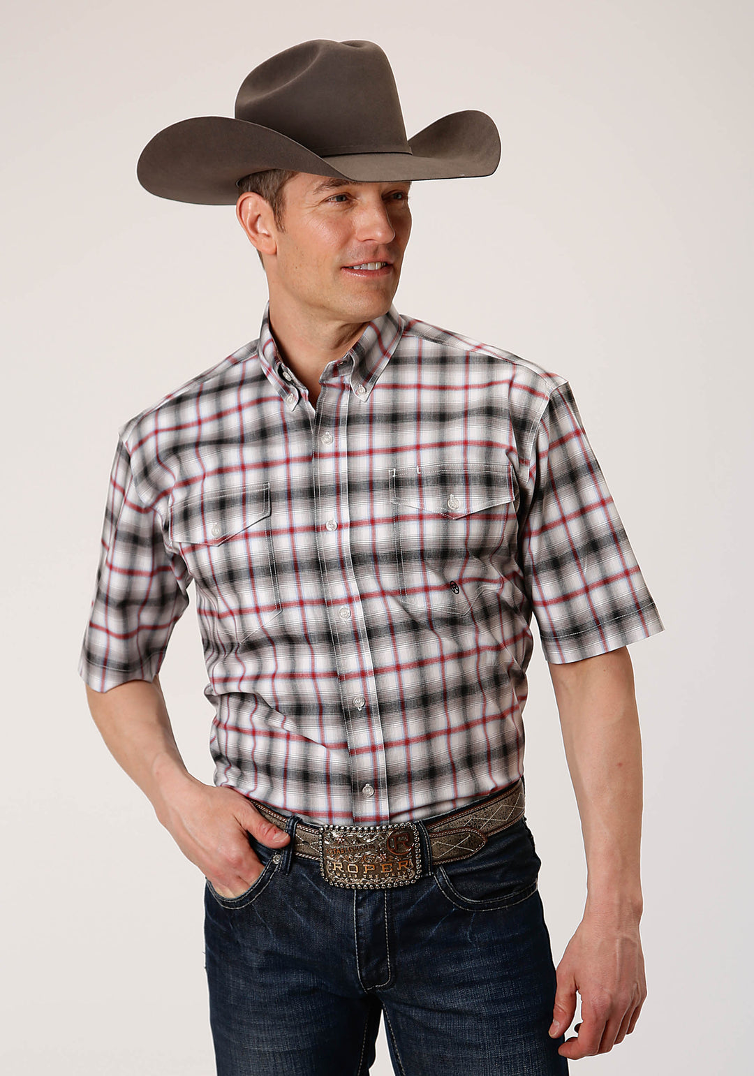 MENS SHORT SLEEVE BUTTON CLASSIC OMBRE STRETCH POPLIN WESTERN SHIRT