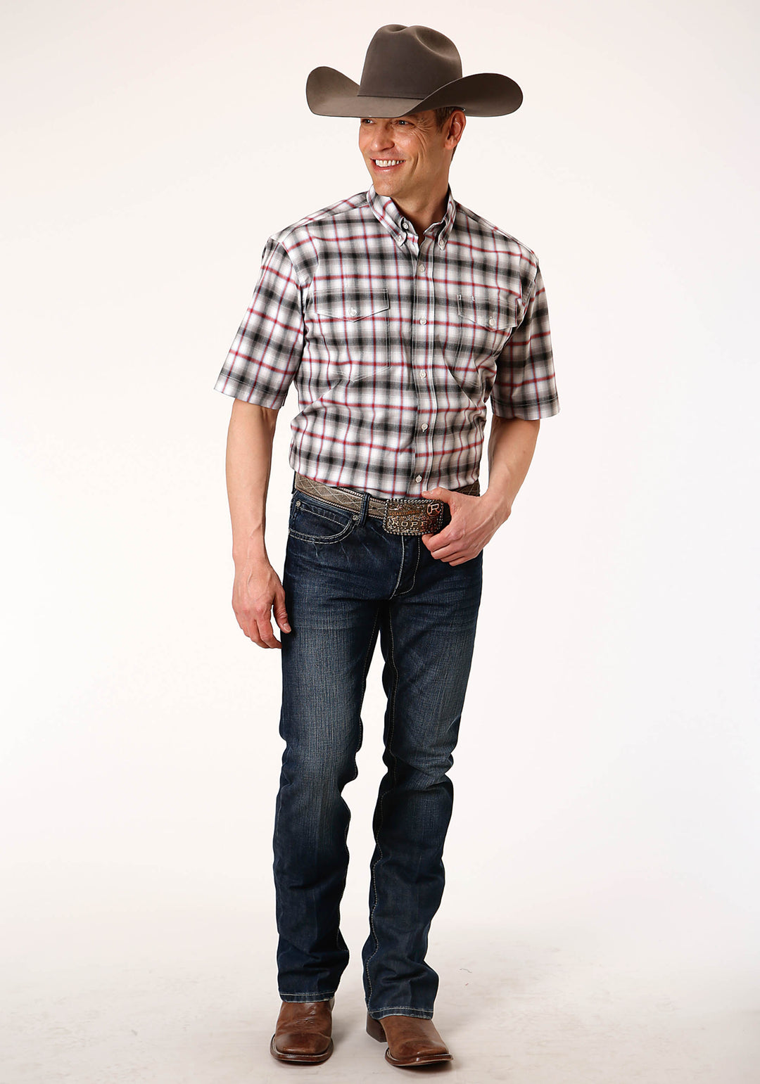 MENS SHORT SLEEVE BUTTON CLASSIC OMBRE STRETCH POPLIN WESTERN SHIRT