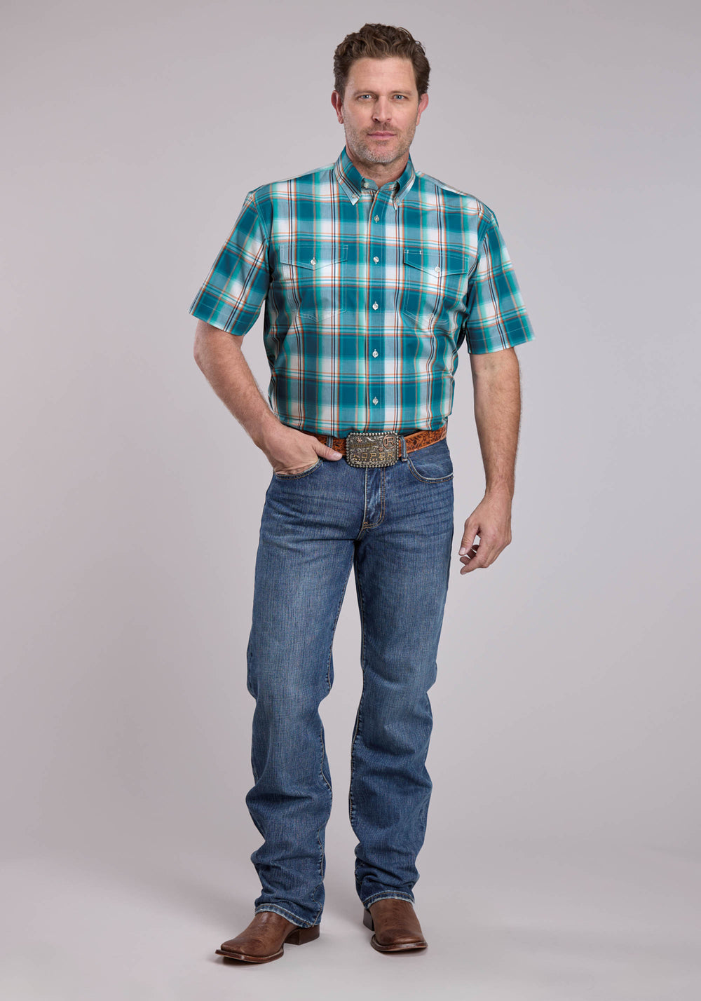 MENS ROPER SUNSET PLAID SHORT SLEEVE BUTTON SHIRT